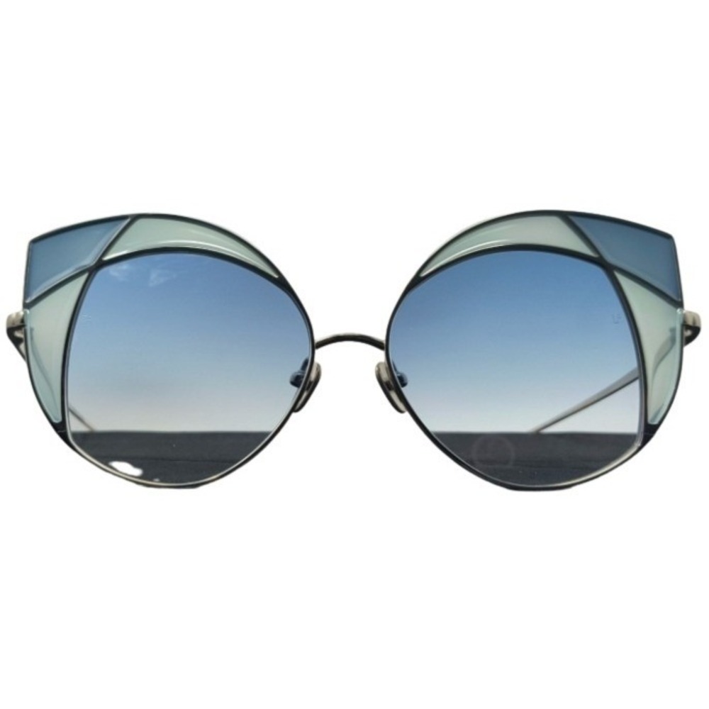 Linda Farrow 856 C7 Oversized Cat Eye Sunglasses Silver And Blue Titanium Frame